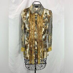 Y2K Piano sheer mixed media button down collared blouse size M